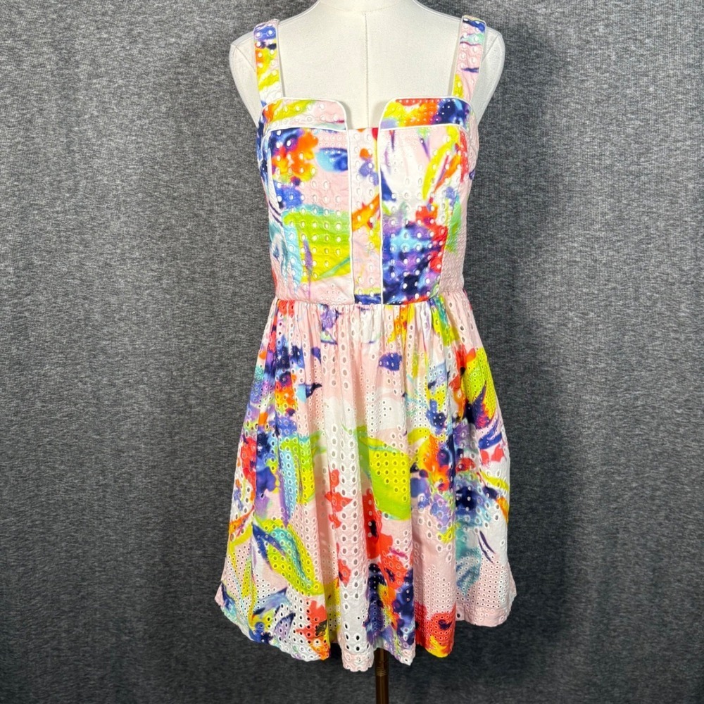 Trina Turk Eyelet Cotton Sundress Multicolor Paint Splash Print Size 8